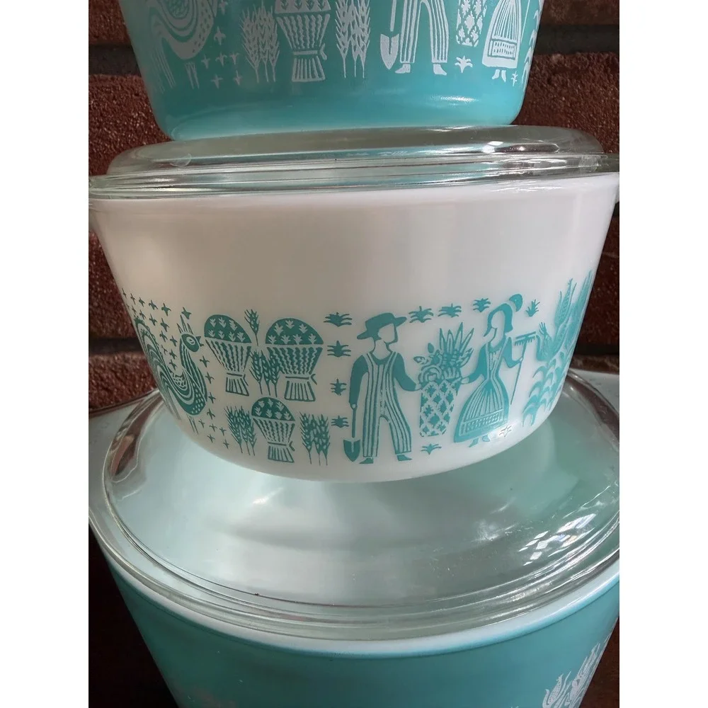 Vintage Pyrex Amish Butterprint Casserole Dishes Set, Turquoise Milk Glass